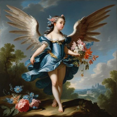 baroque angel,the angel with the veronica veil,la nascita di venere,rococo,girl in flowers,flower fairy,cherub,girl picking flowers,cupid,cupido (butterfly),archangel,artemisia,bougereau,flora,venus,with a bouquet of flowers,angel,cherubs,the archangel,apollo,Art,Classical Oil Painting,Classical Oil Painting 36