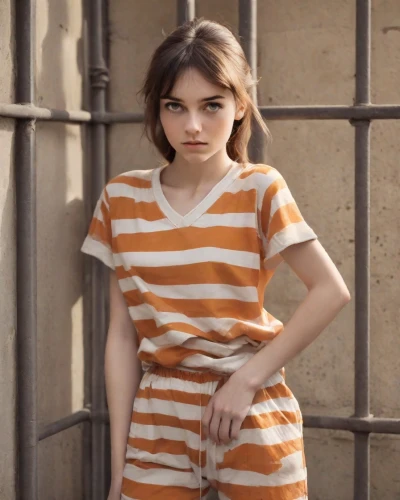 horizontal stripes,striped background,stripes,striped,liberty cotton,stripe,orange,orange color,pin stripe,jumpsuit,mime,young model istanbul,girl in t-shirt,polo shirt,daisy 2,adorable,peach color,cute,60s,bright orange,Photography,Natural