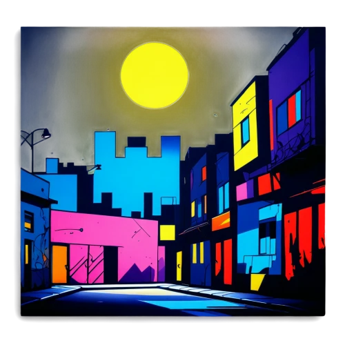 houses clipart,colorful city,houses silhouette,city scape,townscape,night scene,pop art colors,street lights,row houses,effect pop art,pop art background,color frame,saturated colors,background vector,neon sign,cool pop art,city lights,alleyway,night light,street lamps,Art,Artistic Painting,Artistic Painting 27