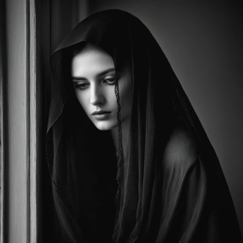 gothic portrait,gothic woman,dark portrait,cloak,depressed woman,black coat,dark gothic mood,girl in cloth,moody portrait,abaya,of mourning,dark angel,sorrow,widow,praying woman,mystical portrait of a girl,veil,mourning swan,hooded,dark art,Photography,Black and white photography,Black and White Photography 03