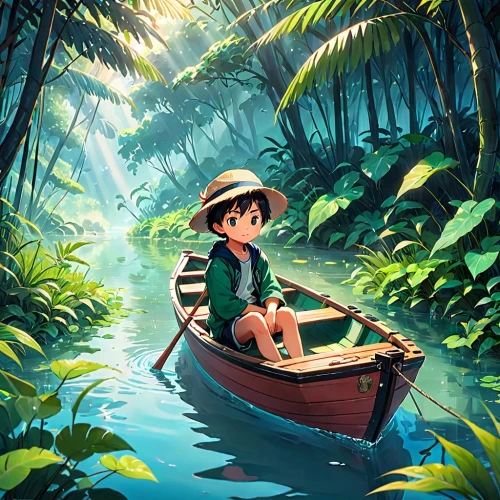 studio ghibli,canoe,raft,canoeing,fishing float,raft guide,idyllic,vietnam,little boat,mowgli,summer background,moana,perched on a log,2d,cg artwork,kayaking,boat landscape,lilo,girl on the boat,floating on the river,Anime,Anime,Traditional