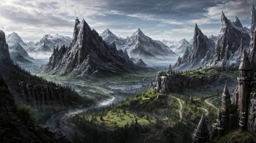 fantasy landscape,fantasy picture,mountainous landscape,futuristic landscape,heroic fantasy,mountainous landforms,3d fantasy,karst landscape,fantasy world,the valley of the,fantasy art,mountain settlement,mountain world,terraforming,high landscape,the landscape of the mountains,mountain valleys,alien world,virtual landscape,mountain landscape