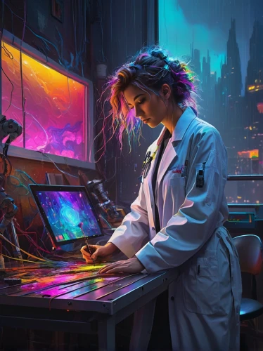 cyberpunk,fish-surgeon,transistor,girl at the computer,scientist,man with a computer,researcher,sci fiction illustration,transistor checking,painting technique,sci fi surgery room,female doctor,laboratory,lures and buy new desktop,theoretician physician,biologist,watchmaker,pandemic,game illustration,examining,Conceptual Art,Sci-Fi,Sci-Fi 22