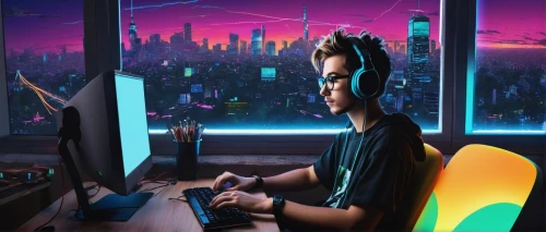 girl at the computer,cyberpunk,neon human resources,night administrator,sci fiction illustration,freelancer,world digital painting,coder,blur office background,lures and buy new desktop,digital compositing,cyber,cyberspace,man with a computer,game illustration,women in technology,transistor,computer room,computer art,dusk background,Conceptual Art,Graffiti Art,Graffiti Art 12