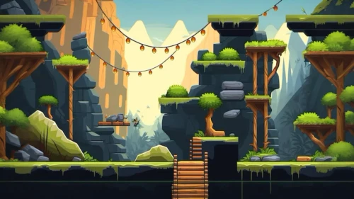 cartoon video game background,tower fall,cartoon forest,a small waterfall,ravine,tropical bird climber,mountain world,bird kingdom,chasm,water falls,ash falls,mushroom landscape,waterfall,wooden mockup,game illustration,take-off of a cliff,escape route,helix,zigzag background,falls