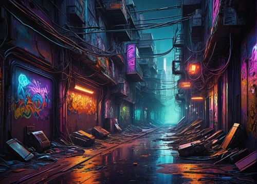 alleyway,cyberpunk,alley,world digital painting,slum,colorful city,digital painting,urban,slums,hanoi,neon arrows,blind alley,cityscape,digital,street canyon,rescue alley,the street,digital art,art background,shanghai,Conceptual Art,Sci-Fi,Sci-Fi 21