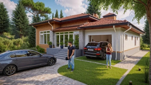smart home,3d rendering,villa,residential house,modern house,driveway,garden elevation,holiday villa,garage,small house,bungalow,open-plan car,family home,floorplan home,folding roof,electric charging,house in the forest,private house,small cabin,suburban