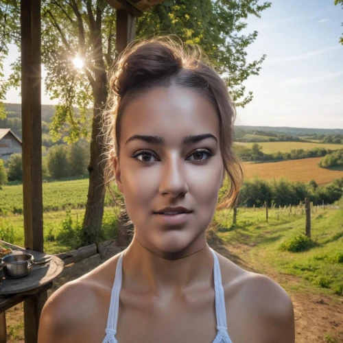 farm girl,viticulture,natural cosmetic,photo lens,beautiful young woman,lens flare,portrait photography,girl in t-shirt,portrait photographers,countrygirl,hdr,lens reflection,girl portrait,aeriel,farm background,young woman,background bokeh,woman face,beauty face skin,vineyard,Female,Eastern Europeans,Straight hair,Youth adult,M,Confidence,Underwear,Outdoor,Countryside