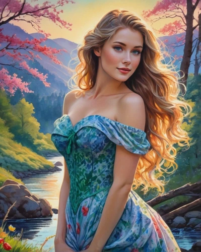 girl on the river,the blonde in the river,oil painting on canvas,oil painting,landscape background,art painting,romantic portrait,celtic woman,young woman,fantasy art,fantasy picture,fantasy portrait,water nymph,painting technique,girl in a long dress,girl in the garden,girl in flowers,springtime background,hula,young lady,Conceptual Art,Daily,Daily 31