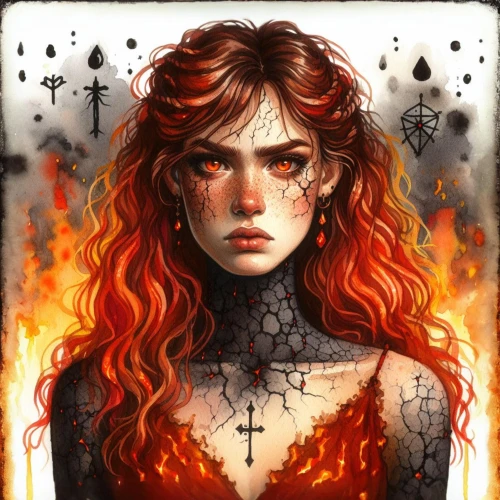 fiery,fire angel,fire siren,merida,flame spirit,fire heart,burning hair,flame of fire,poker primrose,fire lily,inferno,afire,fantasy portrait,red-haired,fire devil,rosa ' amber cover,playing card,wildfire,firestar,tarot