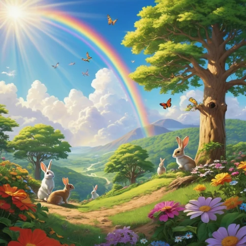 rainbow rabbit,unicorn and rainbow,rainbow background,unicorn background,fantasy picture,fairies aloft,fairy world,rainbow bridge,fairy forest,children's background,easter background,spring equinox,rainbow unicorn,background image,pot of gold background,rainbow butterflies,3d fantasy,springtime background,rainbow world map,rabbits and hares,Photography,General,Realistic