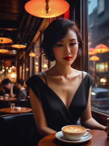 woman at cafe,woman drinking coffee,asian woman,vietnamese woman,barista,coffee background,parisian coffee,cappuccino,women at cafe,japanese woman,vintage asian,cortado,vintage woman,retro woman,paris cafe,café au lait,espresso,drinking coffee,asian girl,woman sitting,Conceptual Art,Fantasy,Fantasy 09