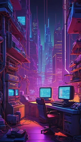 cyberpunk,computer room,computer,cyber,computer workstation,cyberspace,the server room,computer desk,computer art,80's design,computers,working space,modern office,aesthetic,retro background,computer game,computer games,computer system,cityscape,study room,Illustration,Paper based,Paper Based 09