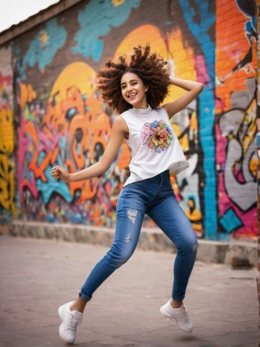 girl in t-shirt,woman free skating,hip-hop dance,dance with canvases,street dancer,jeans background,afro american girls,leap for joy,jumping rope,freestyle walking,artistic roller skating,long-sleeved t-shirt,street dance,jumping,young model istanbul,little girl running,athletic dance move,portrait photography,afroamerican,women clothes,Illustration,Japanese style,Japanese Style 13