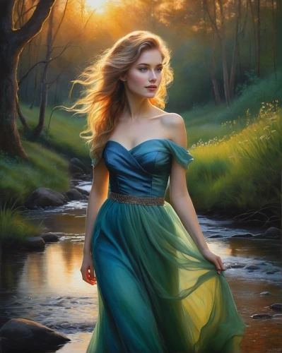 the blonde in the river,girl on the river,celtic woman,girl in a long dress,fantasy picture,romantic portrait,mystical portrait of a girl,fantasy portrait,fantasy art,landscape background,oil painting on canvas,enchanting,oil painting,world digital painting,jessamine,young woman,water nymph,faerie,fantasy woman,cinderella,Illustration,Realistic Fantasy,Realistic Fantasy 16