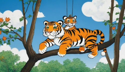tigers,cats in tree,tigerle,a tiger,tiger,tigger,tree top,bengal tiger,asian tiger,bengal,treetop,tree swing,bengalenuhu,tree toppers,sumatran tiger,tiger png,forest animals,felidae,toyger,zipline,Illustration,Retro,Retro 05