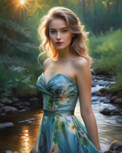 the blonde in the river,girl on the river,celtic woman,water nymph,world digital painting,fantasy picture,girl in a long dress,fantasy portrait,romantic portrait,fantasy art,landscape background,enchanting,digital painting,faerie,beauty in nature,romantic look,flowing water,forest background,mystical portrait of a girl,green dress,Illustration,Paper based,Paper Based 11