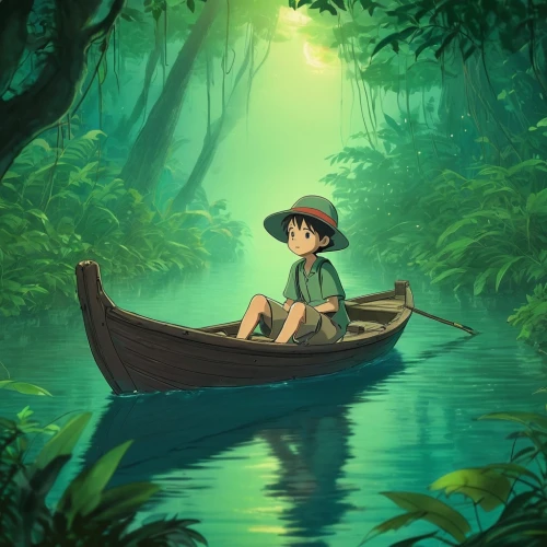 monkey island,canoeing,fishing float,canoe,raft,boat landscape,backwaters,little boat,rowboat,studio ghibli,adrift,world digital painting,vietnam,row boat,voyage,canoes,girl on the boat,kerala,long-tail boat,raft guide,Illustration,Realistic Fantasy,Realistic Fantasy 02