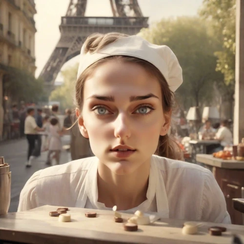 girl with bread-and-butter,parisian coffee,beret,girl wearing hat,paris cafe,french coffee,the girl's face,pâtisserie,cigarette girl,waitress,french confectionery,madeleine,girl in a historic way,french culture,paris,paris-brest,woman holding pie,lily-rose melody depp,french digital background,vintage girl,Photography,Analog
