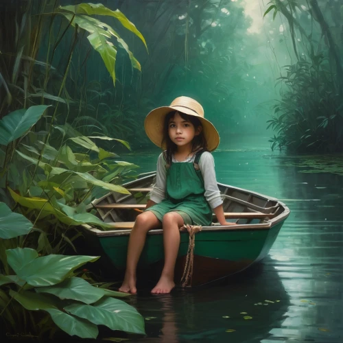 girl on the boat,fishing float,viet nam,girl on the river,boat landscape,vietnam,world digital painting,little boat,canoe,row boat,han thom,oil painting on canvas,canoeing,rowboat,lily pad,backwaters,mystical portrait of a girl,vietnamese woman,oil painting,child portrait,Conceptual Art,Oil color,Oil Color 12