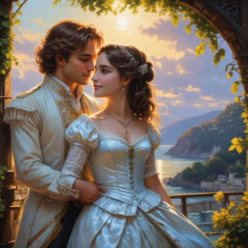 romantic portrait,romantic scene,young couple,romance novel,fantasy picture,beautiful couple,serenade,a fairy tale,courtship,idyll,fairytale,amorous,fantasy portrait,fairy tale,loving couple sunrise,love in the mist,prince and princess,cg artwork,waltz,wedding couple,Art,Classical Oil Painting,Classical Oil Painting 32