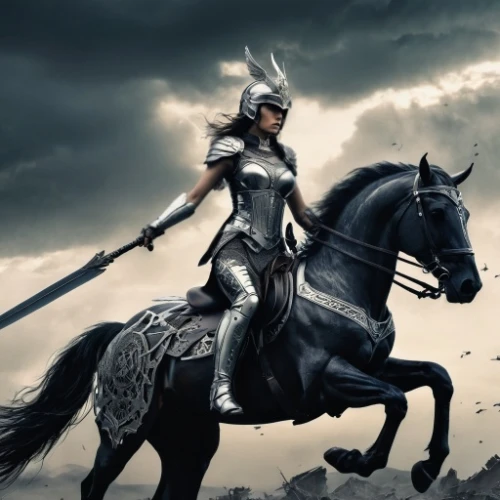 warrior woman,female warrior,joan of arc,equestrian helmet,athena,spartan,lady justice,black horse,biblical narrative characters,pickelhaube,heroic fantasy,strong woman,strong women,chariot,thracian,norse,sparta,crusader,cross-country equestrianism,woman strong