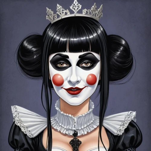 queen of hearts,gothic portrait,pierrot,marionette,ringmaster,mime,mime artist,vampire lady,jester,circus,horror clown,vampire woman,clown,face paint,snow white,gothic woman,creepy clown,fantasy portrait,circus animal,la calavera catrina,Illustration,Abstract Fantasy,Abstract Fantasy 23