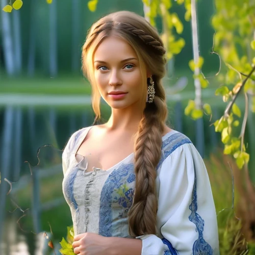 country dress,ukrainian,samara,enchanting,isabella,eufiliya,eurasian,elsa,beautiful girl with flowers,romantic look,celtic queen,jessamine,girl in the garden,rapunzel,a charming woman,romantic portrait,tudor,cinderella,young lady,pretty young woman,Female,Side Braid,Youth adult,M,Happy,Women's Wear,Outdoor,Countryside