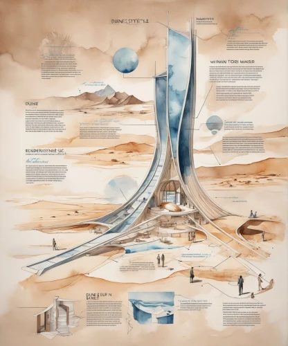 futuristic architecture,futuristic landscape,geothermal energy,continental shelf,offshore wind park,burning man,infographic elements,coastal and oceanic landforms,ecological footprint,sci fiction illustration,tower of babel,geyser strokkur,dead sea scroll,40 years of the 20th century,sky space concept,spatialship,fluvial landforms of streams,wind power generation,water resources,admer dune,Unique,Design,Infographics