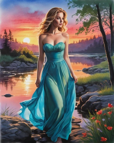 girl on the river,oil painting on canvas,celtic woman,landscape background,the blonde in the river,fantasy picture,water nymph,oil painting,girl in a long dress,romantic portrait,art painting,fantasy art,young woman,photo painting,romantic scene,romantic look,femininity,summer evening,woman playing,oil on canvas,Illustration,Black and White,Black and White 31