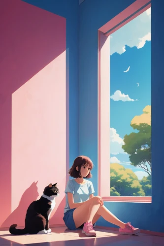 studio ghibli,girl sitting,the little girl's room,girl with dog,cat's cafe,two cats,cat on a blue background,cat frame,ritriver and the cat,dog and cat,girl studying,cat lovers,dream world,summer day,blue room,sitting,animation,cat mom,windowsill,cat child,Conceptual Art,Daily,Daily 20