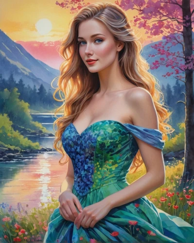 celtic woman,girl on the river,the blonde in the river,oil painting on canvas,romantic portrait,oil painting,art painting,girl in a long dress,fantasy portrait,landscape background,young woman,fantasy art,fantasy picture,painting technique,elsa,mystical portrait of a girl,cinderella,girl in flowers,young lady,celtic queen,Conceptual Art,Daily,Daily 31