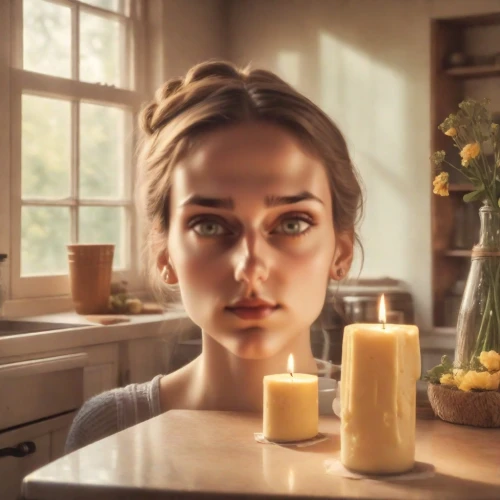 candlemaker,girl with bread-and-butter,girl in the kitchen,visual effect lighting,digital compositing,burning candle,candlelights,a candle,candle,woman holding pie,flameless candle,home fragrance,the girl's face,girl with cereal bowl,burning candles,candles,doll's house,candle wick,natural cosmetic,mystical portrait of a girl,Photography,Analog