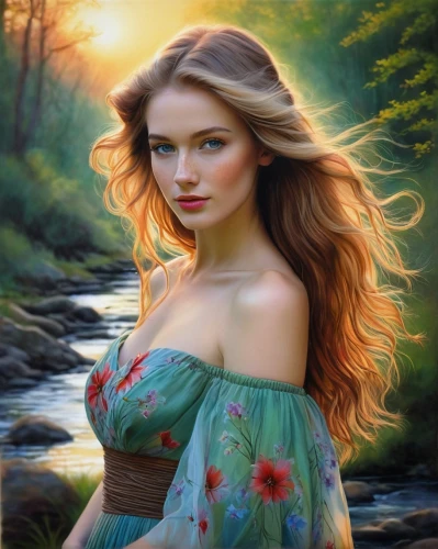 celtic woman,romantic portrait,the blonde in the river,fantasy portrait,fantasy art,world digital painting,girl on the river,fantasy picture,mystical portrait of a girl,landscape background,photo painting,oil painting,faerie,art painting,faery,young woman,oil painting on canvas,romantic look,jessamine,fantasy woman,Conceptual Art,Daily,Daily 32