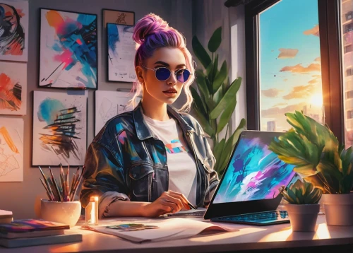 girl at the computer,blur office background,girl studying,illustrator,world digital painting,girl drawing,painting technique,cg artwork,artist portrait,freelancer,fashion vector,sci fiction illustration,vector illustration,computer graphics,digital nomads,creative office,vector art,artist,computer art,digital painting,Photography,Fashion Photography,Fashion Photography 01