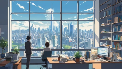 sky apartment,modern office,windows,study room,cityscape,apartment,window to the world,working space,city view,shared apartment,window view,windowsill,window,big window,offices,bedroom window,an apartment,classroom,window sill,blur office background,Illustration,Japanese style,Japanese Style 06