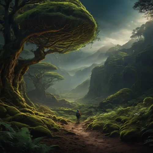 fantasy landscape,the mystical path,elven forest,fantasy picture,dragon tree,forest landscape,forest path,green forest,druid grove,fairy forest,celtic tree,enchanted forest,fairytale forest,hiking path,mushroom landscape,the path,forest tree,forest of dreams,hobbiton,tree of life,Photography,General,Commercial