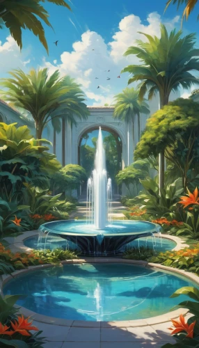 oasis,tropical island,underwater oasis,landscape background,lagoon,fountain pond,tropical house,fountain,diamond lagoon,summer background,delight island,paradiso,waterfall,cartoon video game background,tropical bloom,crescent spring,ocean paradise,cascade,fountain of friendship of peoples,atlantis,Conceptual Art,Fantasy,Fantasy 03