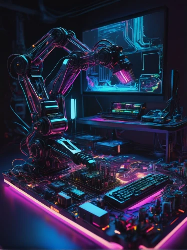computer art,cyberpunk,cyber,electronic,computer,80's design,dj,electronic music,music workstation,computer desk,computer workstation,motherboard,compute,techno color,mechanical,graphic card,desktop computer,neon,cyclocomputer,fractal design,Illustration,Japanese style,Japanese Style 17