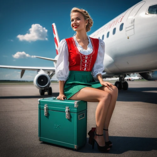 stewardess,flight attendant,airline travel,luggage and bags,travel insurance,travel woman,polish airline,leather suitcase,booking flights,suitcase,aviation,air transportation,air transport,luggage,airlines,airplane passenger,luggage compartments,airline,globe trotter,retro pin up girl,Photography,General,Fantasy