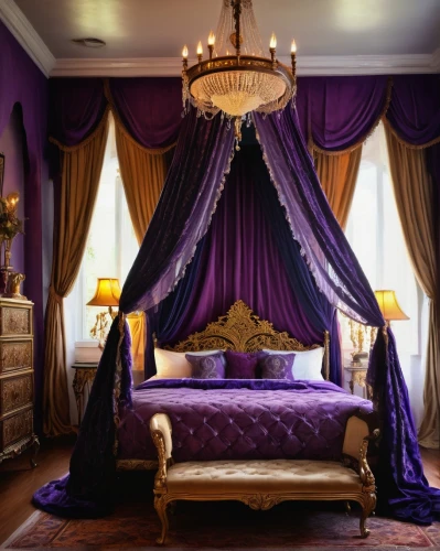 ornate room,canopy bed,four poster,four-poster,rich purple,great room,purple,sleeping room,boutique hotel,bridal suite,guest room,interior decoration,bedroom,purple and gold,guestroom,victorian style,napoleon iii style,luxury hotel,violet colour,interior decor,Conceptual Art,Daily,Daily 34