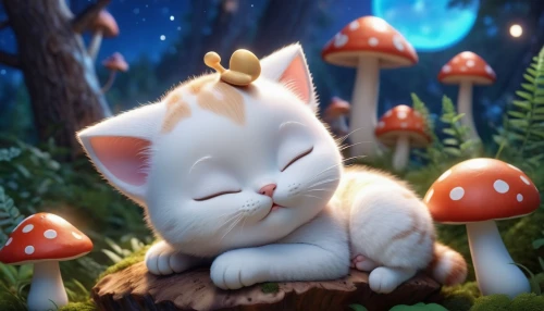 cute cat,cute cartoon character,blossom kitten,ori-pei,cat kawaii,cute cartoon image,lucky cat,marshmallow,cartoon cat,club mushroom,toadstools,sleeping cat,little cat,tea party cat,white cat,fairy forest,mushroom landscape,cat resting,toadstool,cloud mushroom,Unique,3D,3D Character