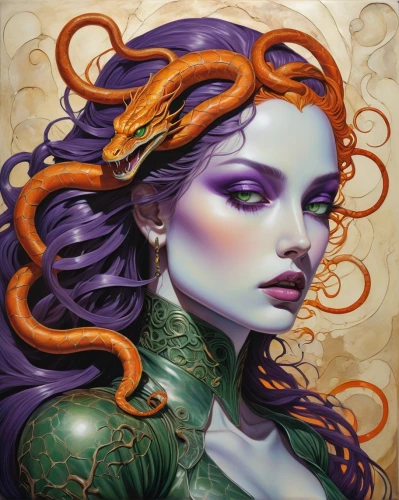 medusa,medusa gorgon,fantasy portrait,fantasy art,la violetta,violet head elf,the enchantress,gorgon,sorceress,rapunzel,zodiac sign libra,mermaid vectors,fantasy woman,siren,rusalka,the zodiac sign pisces,dryad,fae,merfolk,faery,Illustration,Realistic Fantasy,Realistic Fantasy 45