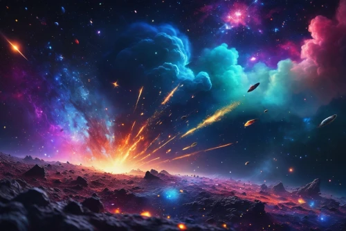 galaxy collision,space art,colorful star scatters,fairy galaxy,asteroids,outer space,colorful stars,exploding,galaxy,astronomy,supernova,space,deep space,explode,nebulous,scene cosmic,cosmic,nebula,meteor,universe,Illustration,Abstract Fantasy,Abstract Fantasy 12