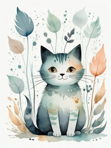 watercolor cat,cat vector,drawing cat,blossom kitten,flower cat,gray kitty,cat on a blue background,watercolor background,cat paw mist,tea party cat,little cat,tabby cat,cartoon cat,white cat,gray cat,whimsical animals,flower animal,calico cat,cute cat,watercolor blue,Illustration,Paper based,Paper Based 25