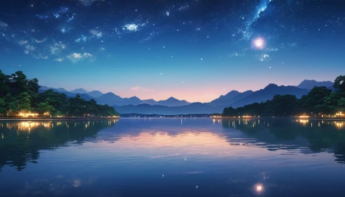 japan's three great night views,moon and star background,landscape background,evening lake,starry sky,fantasy landscape,beautiful lake,night sky,night stars,star sky,starry night,the night sky,heaven lake,nightscape,starscape,mountainlake,nightsky,night image,clear night,night scene,Photography,General,Realistic