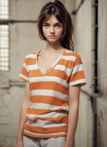 girl in t-shirt,cotton top,isolated t-shirt,photo session in torn clothes,horizontal stripes,polo shirt,striped background,young model istanbul,selena gomez,prisoner,advertising clothes,tshirt,torn shirt,in a shirt,beautiful young woman,girl in a historic way,pretty young woman,lori,orange,pixie-bob,Photography,Natural