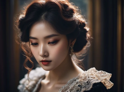 victorian lady,vintage woman,hanbok,vintage makeup,mt seolark,romantic portrait,porcelain doll,victorian style,oriental princess,elegant,debutante,black pearl,a charming woman,vintage girl,lotte,vintage asian,songpyeon,porcelain dolls,doll's facial features,lady of the night,Illustration,Japanese style,Japanese Style 09