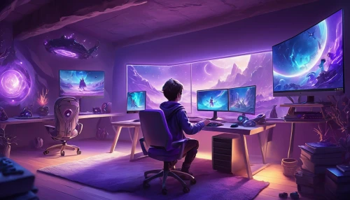computer room,man with a computer,computer workstation,creative office,world digital painting,game room,purple wallpaper,lures and buy new desktop,cg artwork,playing room,working space,night administrator,room creator,gamer zone,computer desk,research station,computer addiction,game art,computer art,computer,Illustration,Realistic Fantasy,Realistic Fantasy 01
