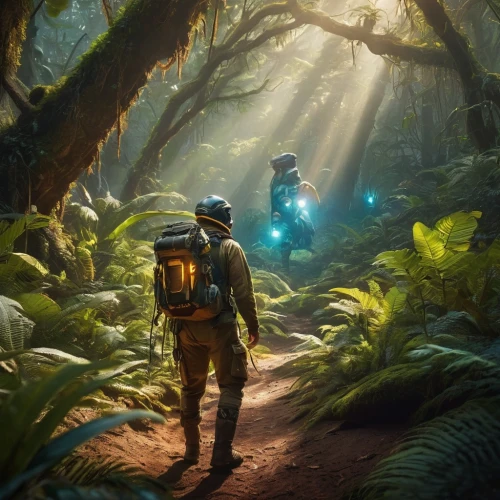 forest workers,travelers,cg artwork,sci fiction illustration,concept art,game art,exploration,game illustration,digital nomads,rain forest,hikers,world digital painting,jungle,pathfinders,explore,phyllobates,explorer,wander,digital compositing,patrols,Photography,General,Commercial